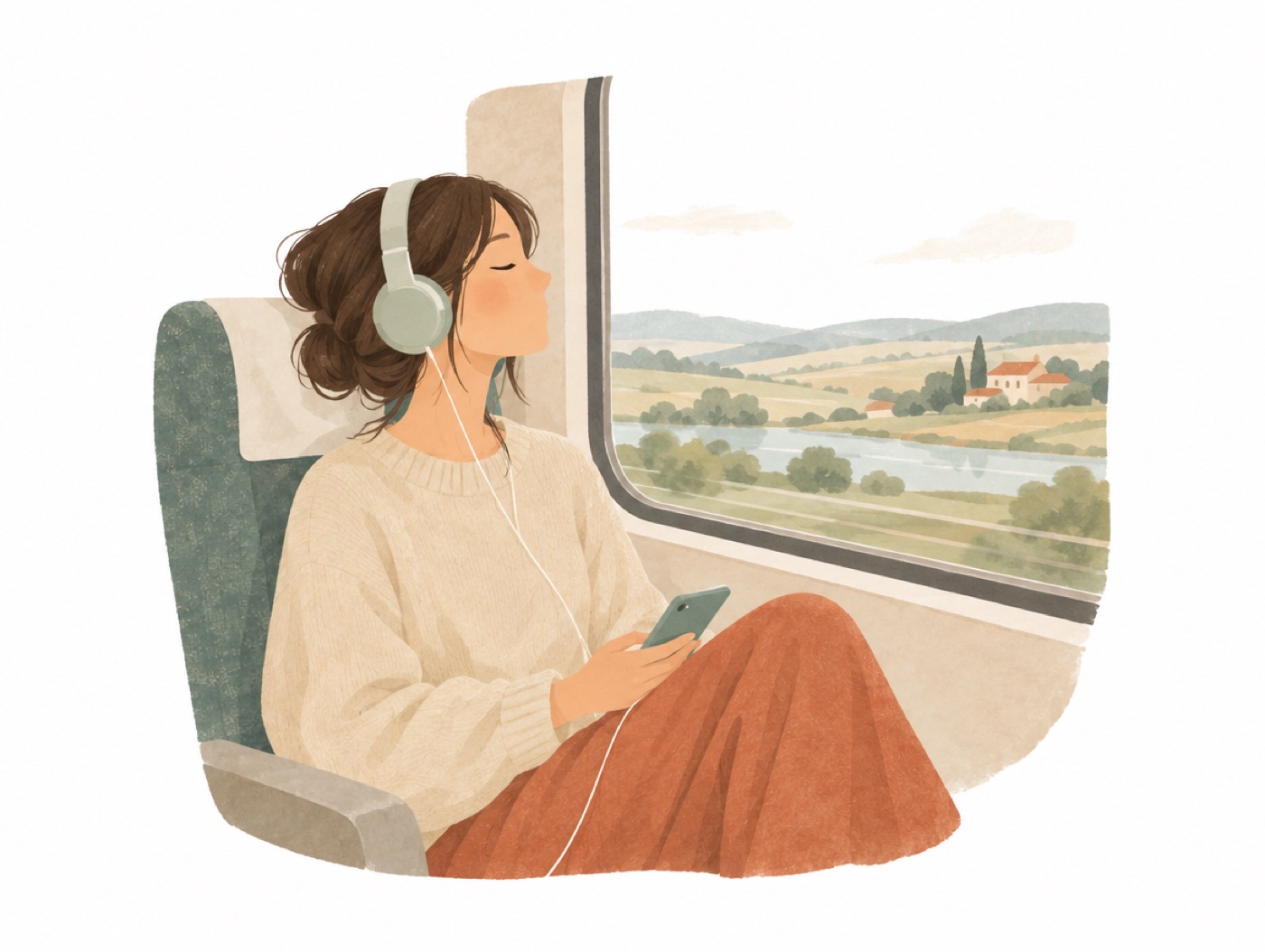 Illustration: Eine junge Frau hört mit Kopfhörern im Zug zu.