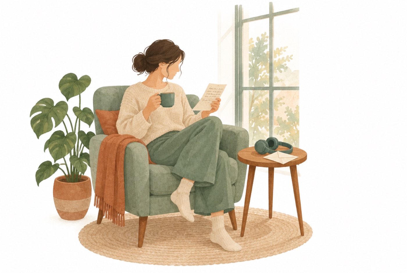 Illustration: Eine Frau liest am Fenster einen Brief, daneben liegen Kopfhörer.